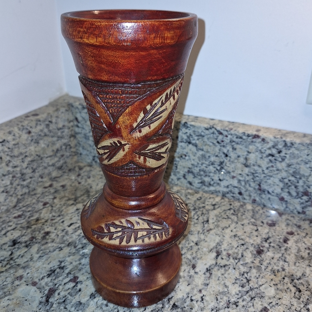 Beautiful Vintage Hand Carved Wooden Vase~Turned~Leaves~Handmade